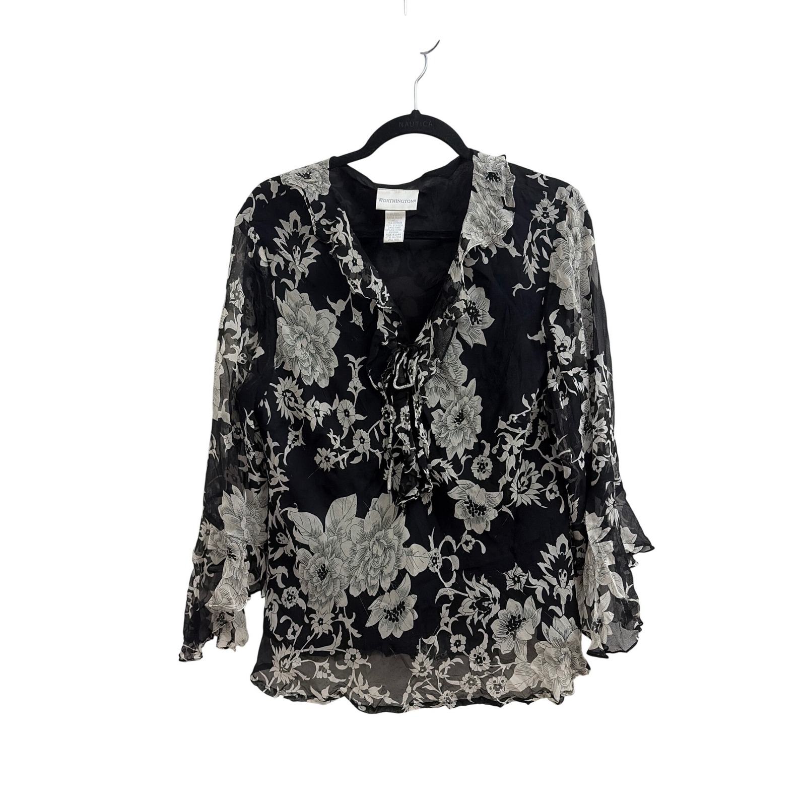 Blouse Floral Whimsigoth Worthington Women Xl Silk Flutter Sleeve Tie Front
